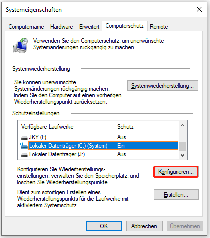 Klicken Sie auf Konfigurieren unter Schutzeinstellungen