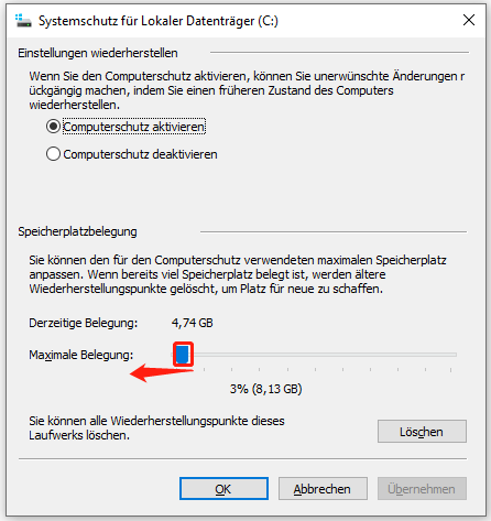 Maximale Nutzung für Computerschutz ändern