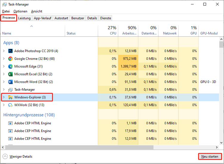 Windows-Explorer-Task im Task-Manager neu starten