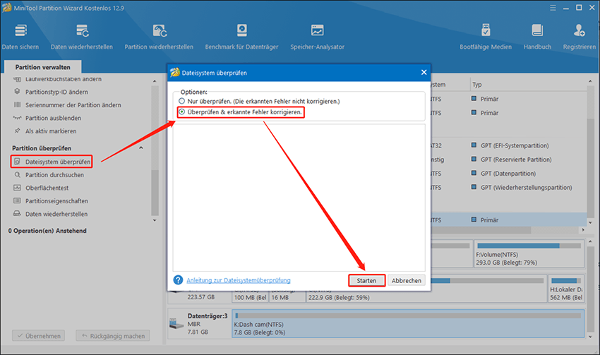 Verwenden Sie die Funktion Dateisystem überprüfen in MiniTool Partition Wizard