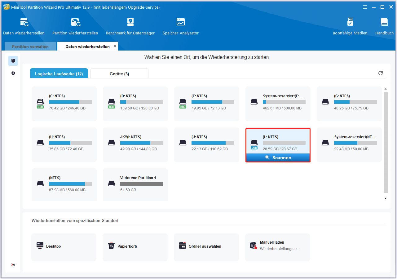 Klicken Sie auf Scannen, um verlorene Daten von der SD-Karte in MiniTool Partition Wizard wiederherzustellen