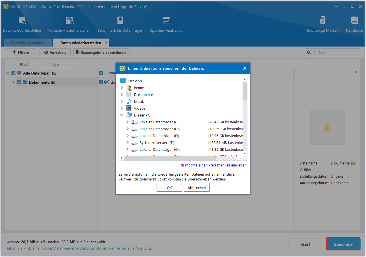 Wählen Sie einen sicheren Speicherort für die Daten in MiniTool Partition Wizard