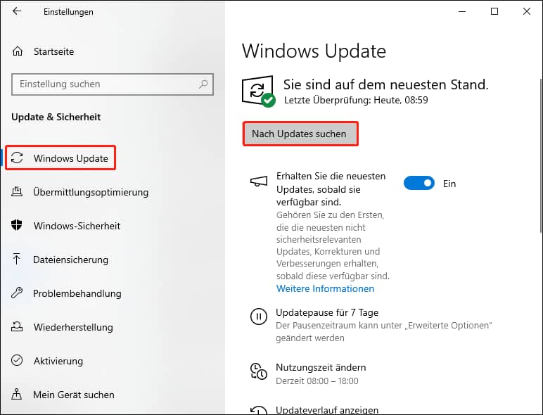 Gehen Sie zu Update & Sicherheit > Windows Update und klicken Sie im rechten Bereich auf Nach Updates suchen, um KB5063159 herunterzuladen und zu installieren.