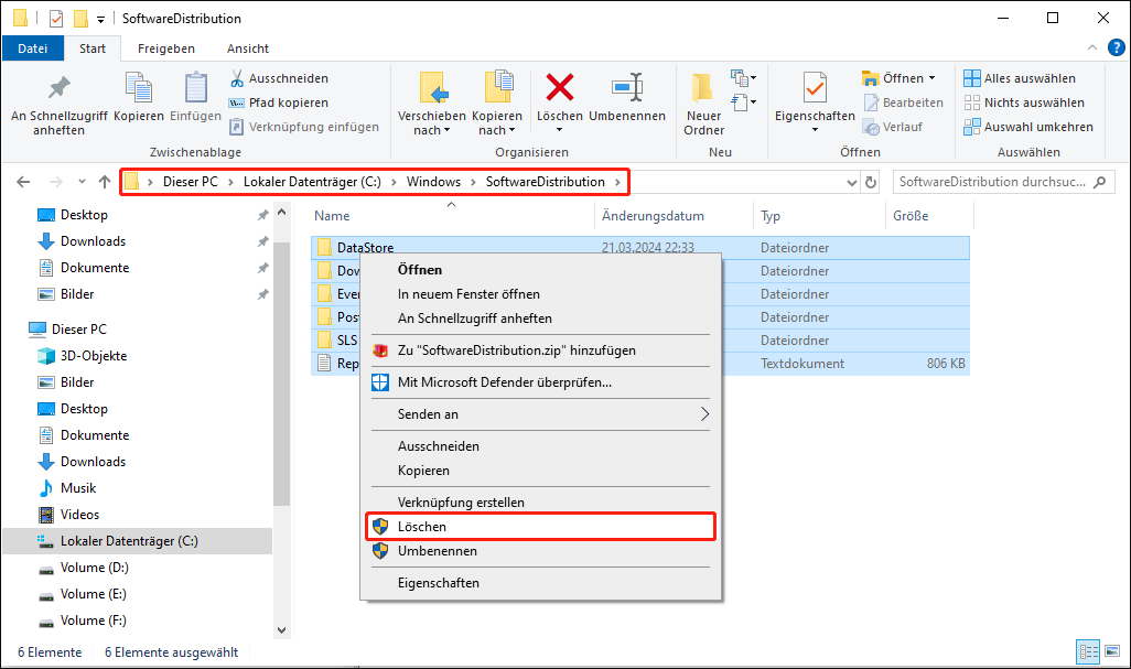 Löschen Sie die Dateien im Ordner SoftwareDistribution im Datei-Explorer
