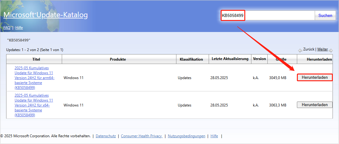 KB5058499 über den Microsoft Update-Katalog installieren, indem Sie auf die Schaltfläche „Herunterladen“ klicken