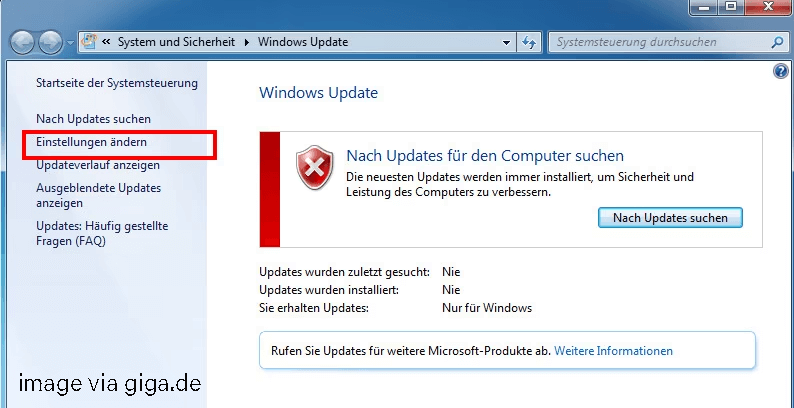 klicken Sie im Fenster „Windows Update“ auf „Einstellungen ändern“