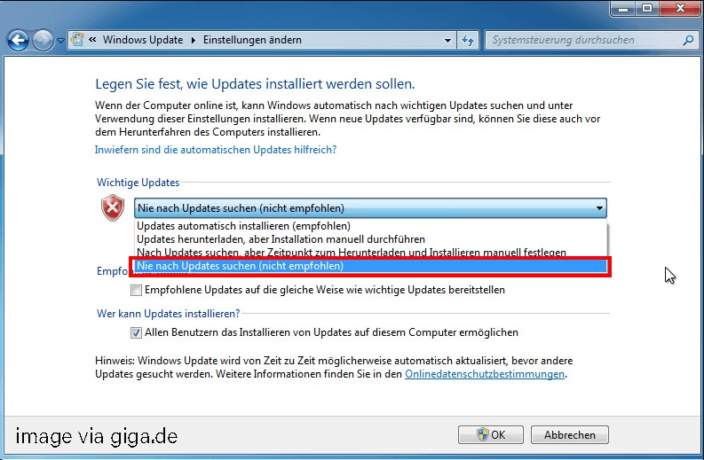 Option „Nie nach Updates suchen (nicht empfohlen)“aus dem Dropdown-Menü wählen