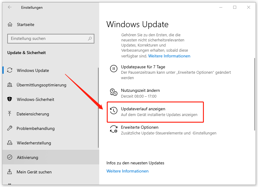 klicken Sie in Windows Update auf „Updateverlauf anzeigen“
