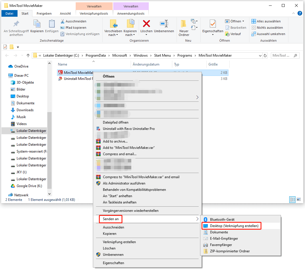 wählen Sie Senden an und Desktop (Verknüpfung erstellen)