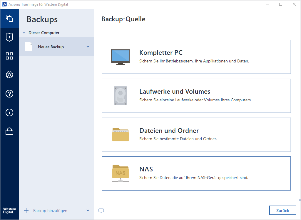 vier Sicherungsquellen in Acronis True Image für Western Digital