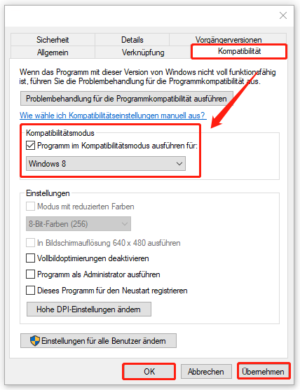 Spiel im Kompatibilitätsmodus ausführen, indem Sie im Eigenschaften-Fenster die Option „Programm im Kompatibilitätsmodus ausführen für“ aktivieren