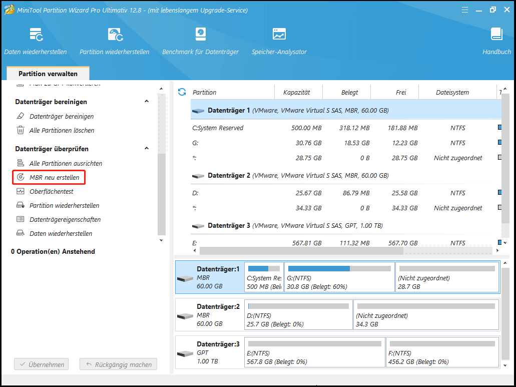 Klicken Sie auf die Funktion MBR neu erstellen von MiniTool Partition Wizard