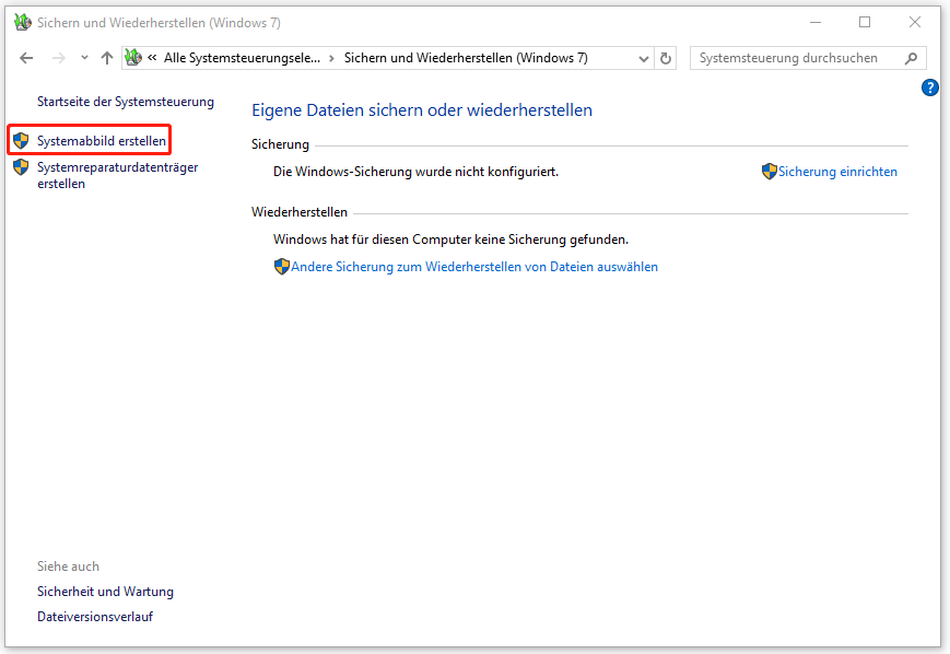 klicken Sie in der Systemsteuerung auf „Systemabbild erstellen“
