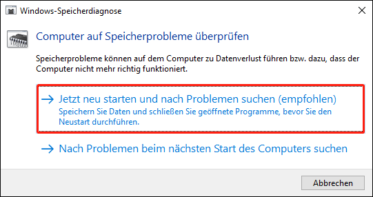 Klicken Sie auf Jetzt neu starten und nach Problemen suchen.