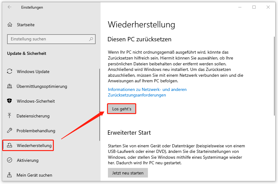 klicken Sie in den Windows-Einstellungen auf „Wiederherstellung“ und wählen Sie unter „Diesen PC zurücksetzen“ die Schaltfläche „Los geht’s“