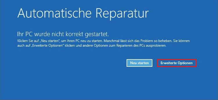 beim Bildschirm „Automatische Reparatur“ klicken Sie auf „Erweiterte Optionen“