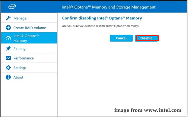 zum Deaktivieren des Intel Optane-Speichers klicken Sie in der Intel Rapid Storage Technology auf die Schaltfläche „Deaktivieren“