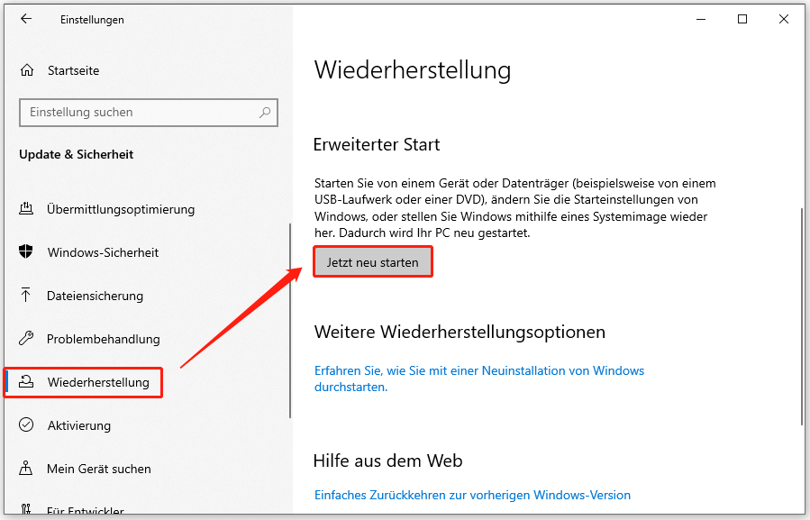 klicken Sie in den Windows-Einstellungen auf „Wiederherstellung“ und dann auf „Jetzt neu starten“