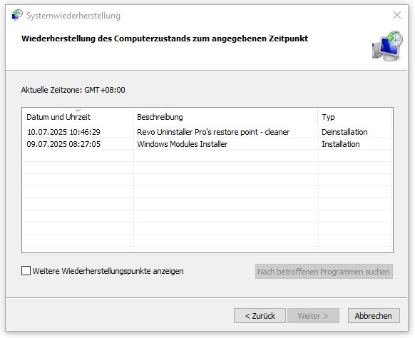 einen Wiederherstellungspunkt in der Systemwiederherstellung auswählen