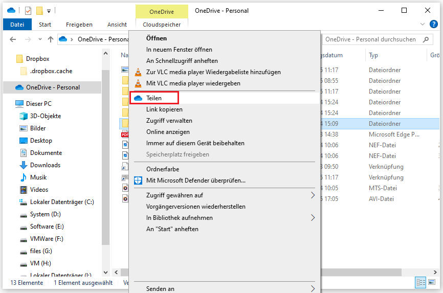 rechtsklicken Sie im OneDrive-Ordner auf die zu teilenden Dateien und wählen Sie „Teilen“ aus