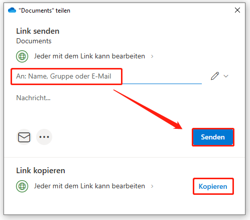 im Popup-Fenster geben Sie entweder die E-Mail-Adresse ein und klicken Sie auf „Senden“ oder klicken Sie direkt auf „Kopieren“