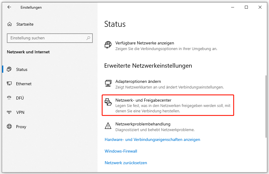 Netzwerk- und Freigabecenter über die Windows-Einstellungen öffnen