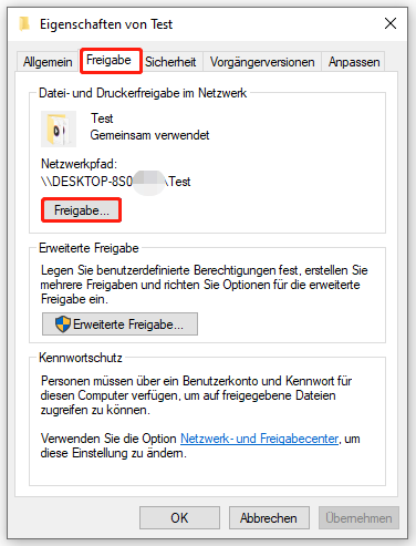 zur Freigabe eines Ordners öffnen Sie das Eigenschaftsfenster und klicken Sie auf „Freigabe…“
