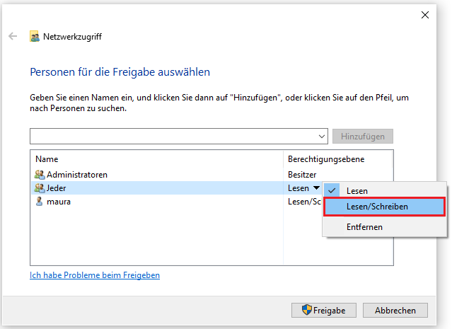 stellen Sie die Berechtigungsebene für „Jeder“ auf „Lesen/Schreiben“