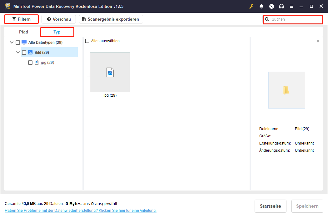 Verwenden Sie die Funktion Filtern, Typ und Suchen in MiniTool Power Data Recovery