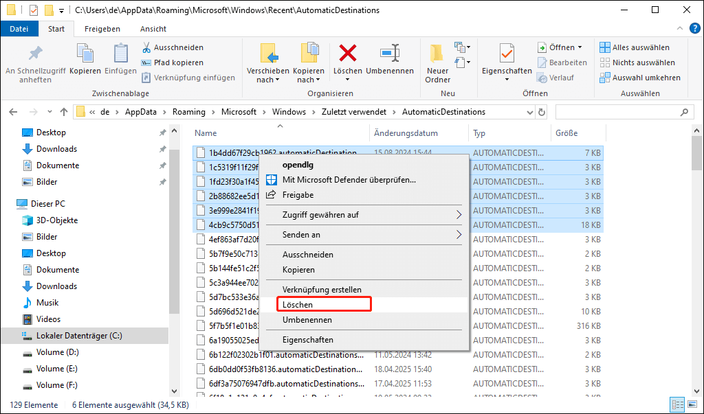 Löschen Sie alle Dateien im Ordner „AutomaticDestinations“ im Datei-Explorer