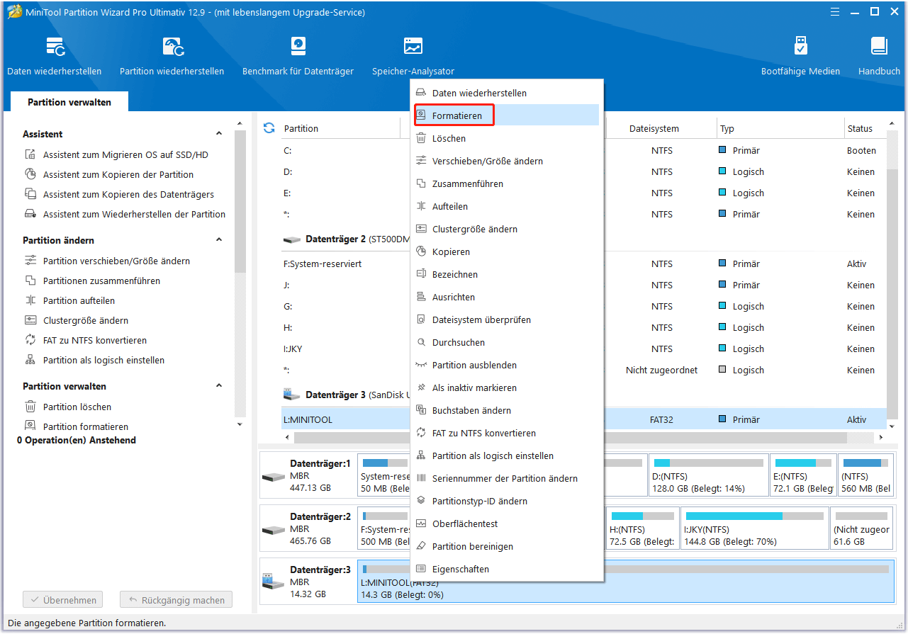 Klicken Sie in MiniTool Partition Wizard auf Formatieren.