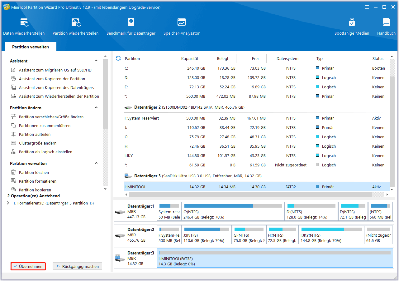 Klicken Sie in MiniTool Partition Wizard auf Übernehmen