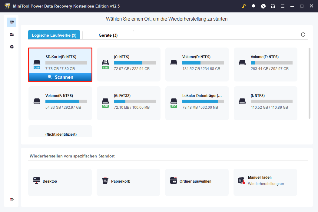 In MiniTool Power Data Recovery wählen Sie eine SD-Karte aus und klicken Sie auf Scannen