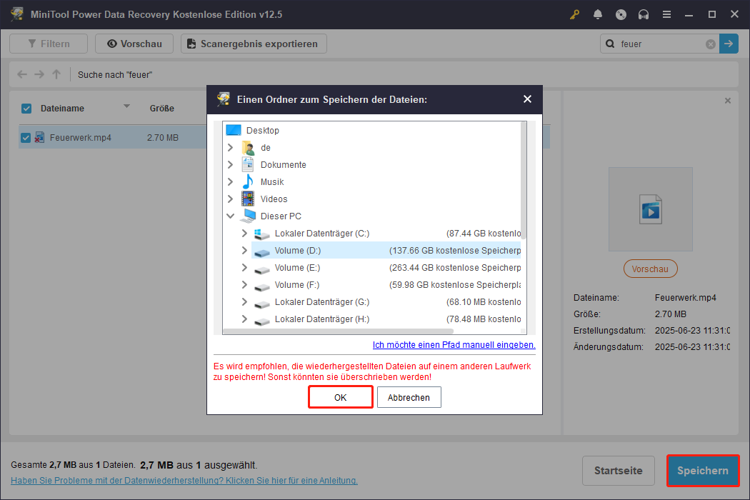 Videos an einem neuen Speicherort in MiniTool Power Data Recovery speichern
