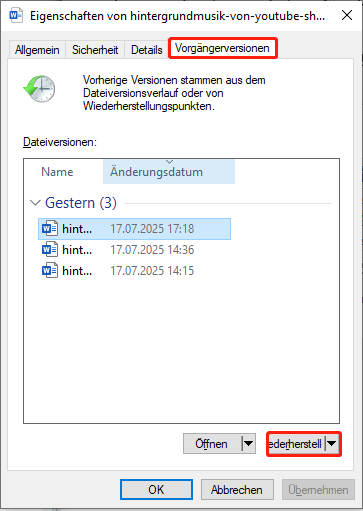 Gehen Sie im neuen Fenster auf die Registerkarte Vorgängerversionen. Wählen Sie eine frühere Version aus und klicken Sie auf Wiederherstellen.