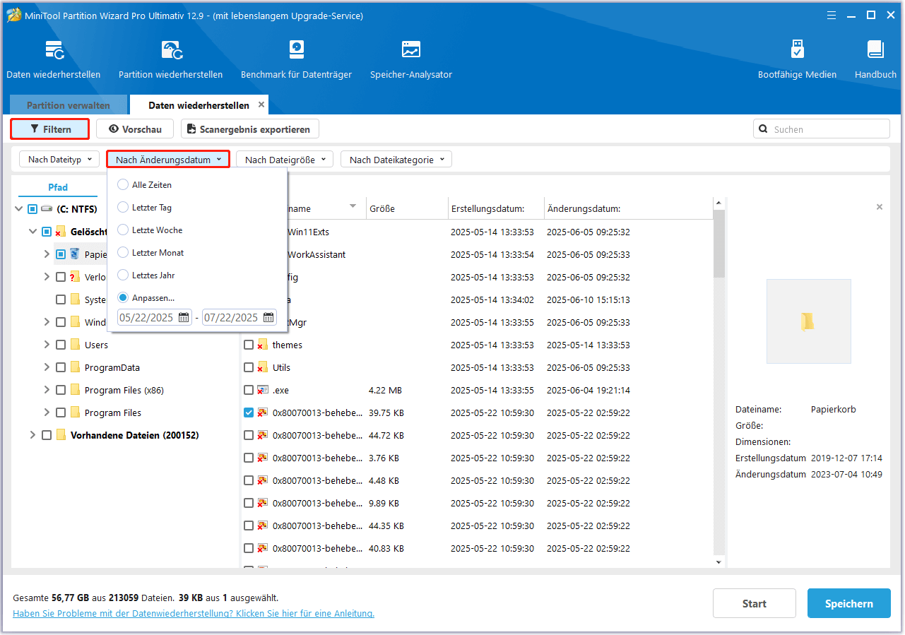 Gelöschte Dateien nach Datum in MiniTool Partition Wizard wiederherstellen