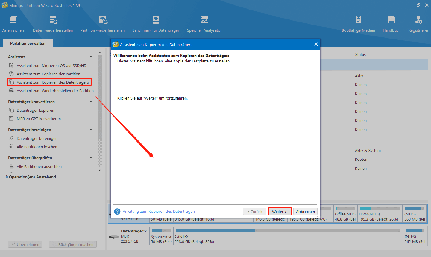 klicken Sie in MiniTool Partition Wizard auf „Assistent zum Kopieren des Datenträgers“