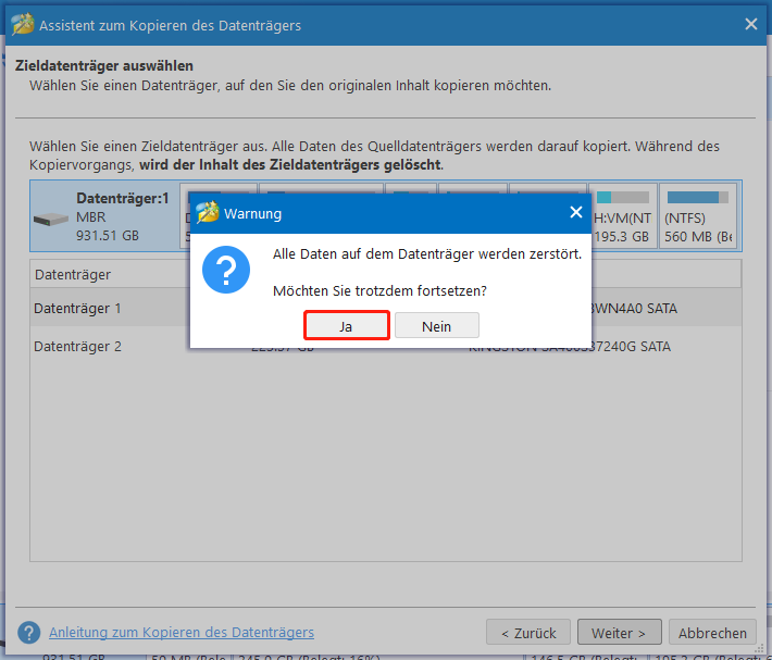 Warnmeldung bei der Auswahl des Zieldatenträgers