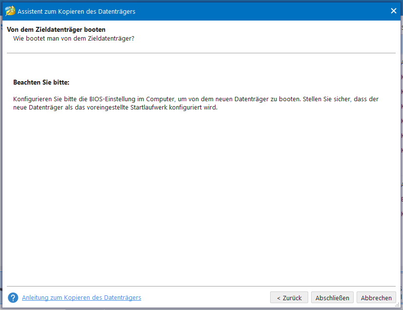 Hinweis von MiniTool Partition Wizard über das Starten vom geklonten Datenträger