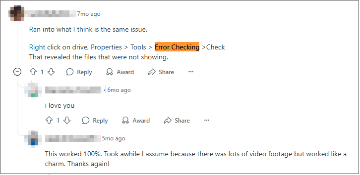 Reddit-Kommentar schlägt vor, das Windows-Tool zur Fehlerüberprüfung auszuführen