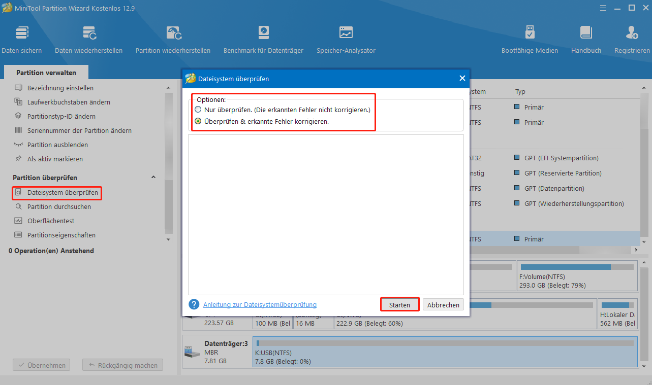 Dateisystemfehler im MiniTool Partition Wizard überprüfen und beheben