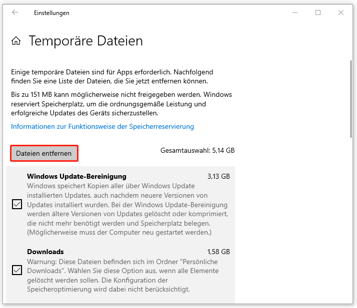zum Löschen temporärer Dateien klicken Sie in den Windows-Einstellungen auf „Dateien entfernen“