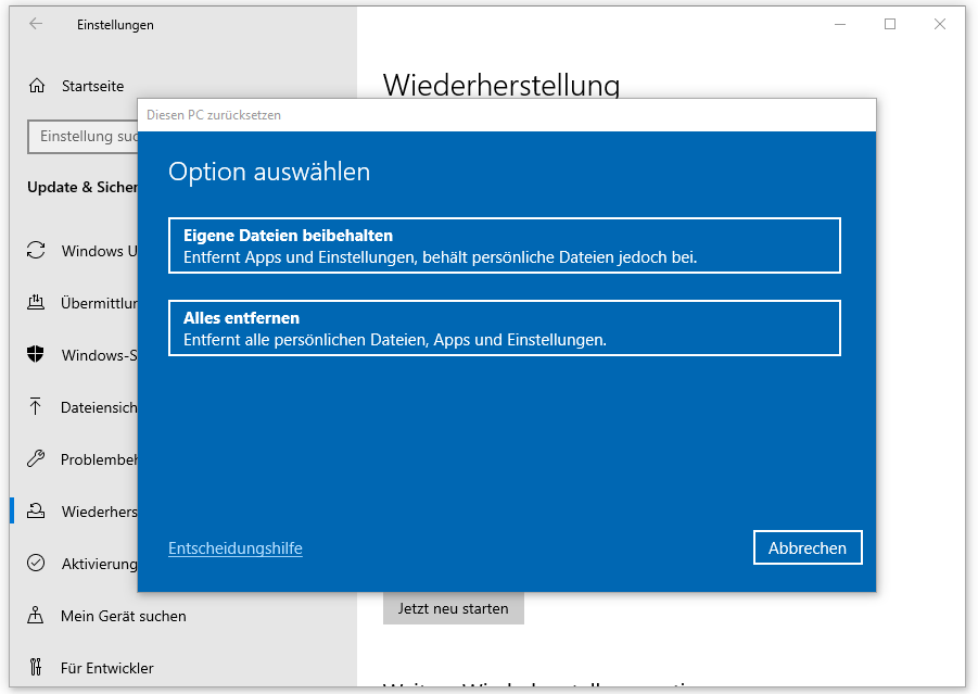 entweder „Eigene Dateien beibehalten“ oder „Alles entfernen“ für den Werksreset des PC auswählen