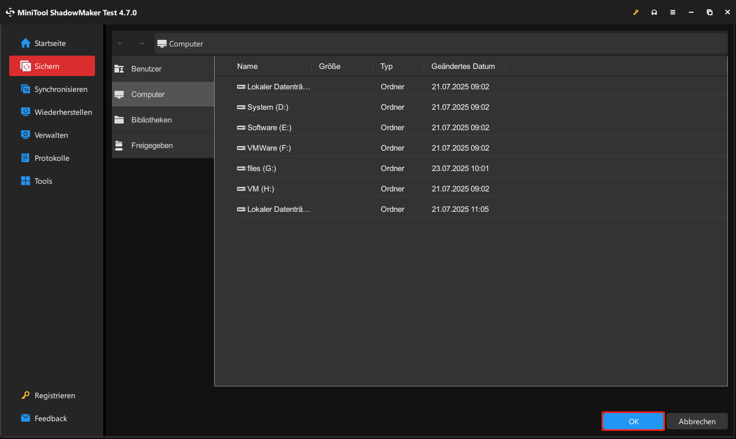 einen Speicherort für das Backup in MiniTool ShadowMaker auswählen