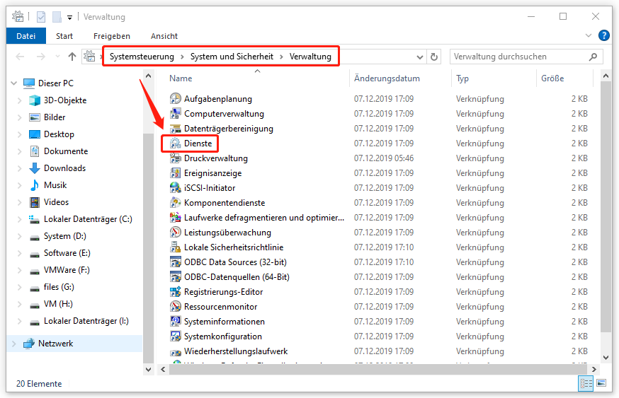 im Fenster „Verwaltung“ auf „Dienste“ doppelklicken