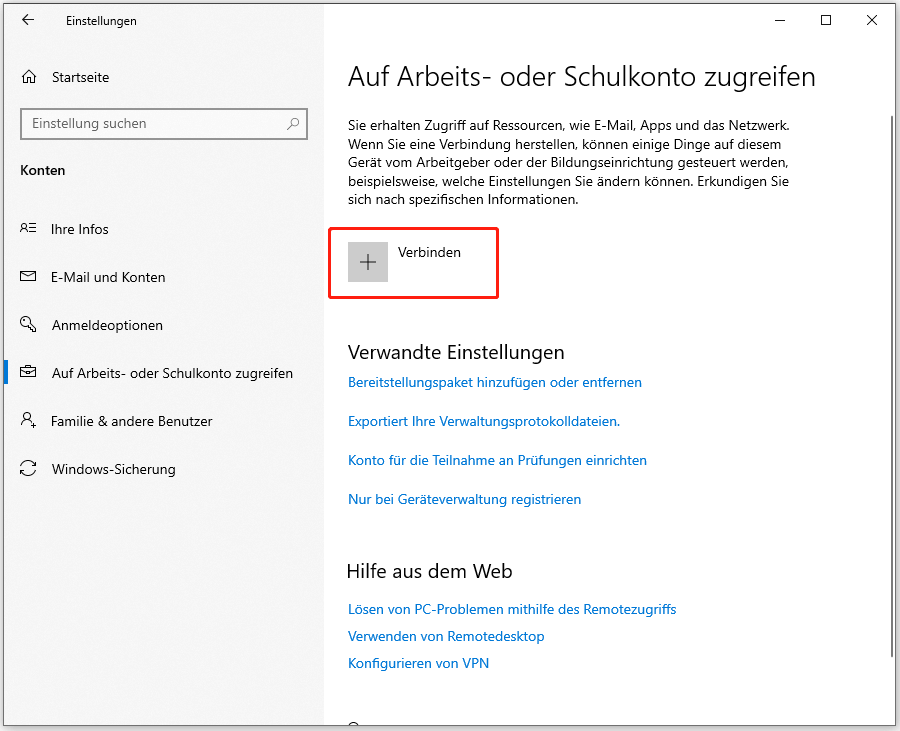 Ein Konto unter Auf Arbeits- oder Schulkonto zugreifen verbinden