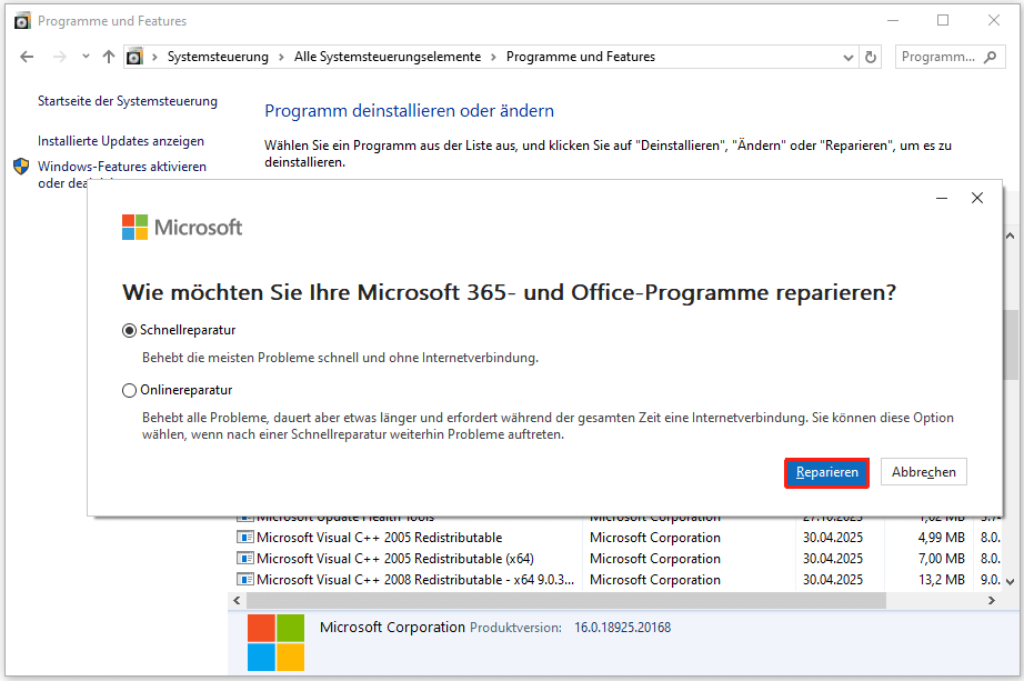 Microsoft Office oder Office 365 unter Programme und Features reparieren