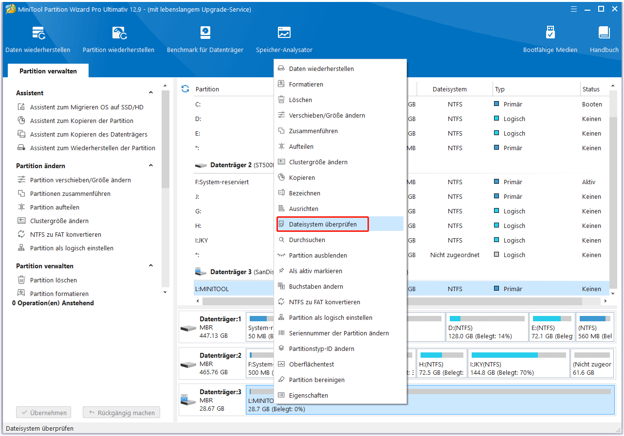 Klicken Sie auf die Option Dateisystem überprüfen