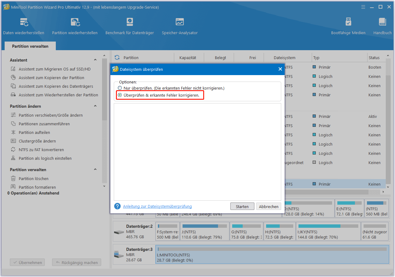 wählen Sie eine Option zur Überprüfung des Dateisystems und starten Sie den Prozess