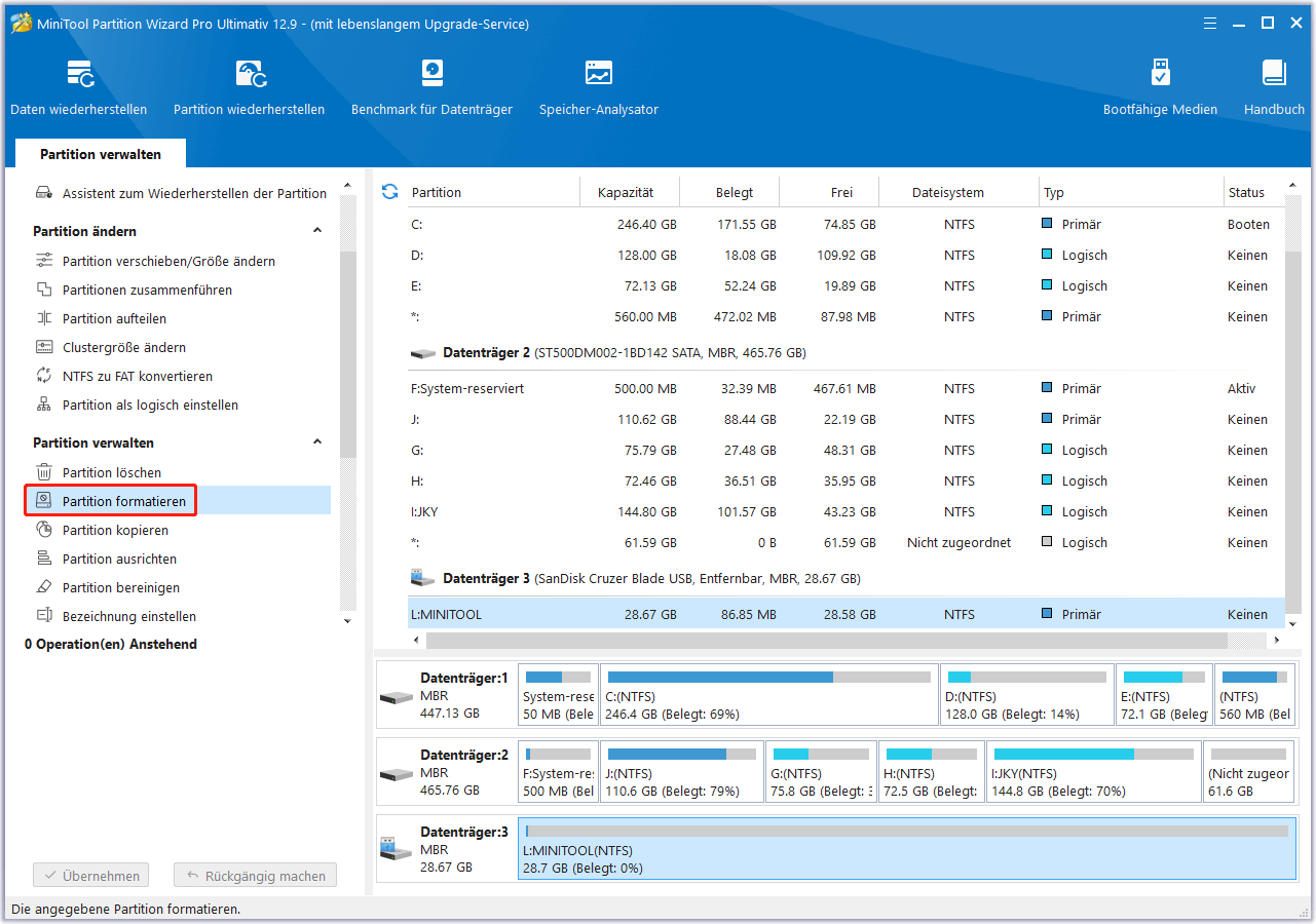 Wählen Sie die Option Partition formatieren in MiniTool Partition Wizard